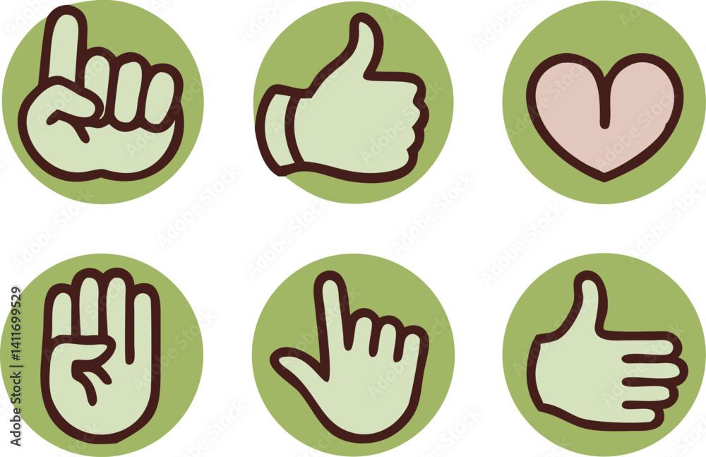 Different hand gestures representing various emotions and expressions in a graphic design format Different hand gestures representing various emotions and expressions in a graphic design format