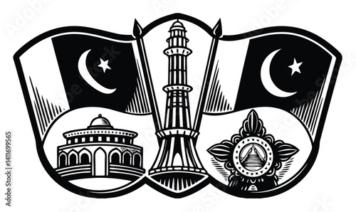 "Pakistan Monuments and Flag Vector | Black and White Patriotic Illustration"