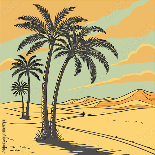 A row of palm tree with western desert