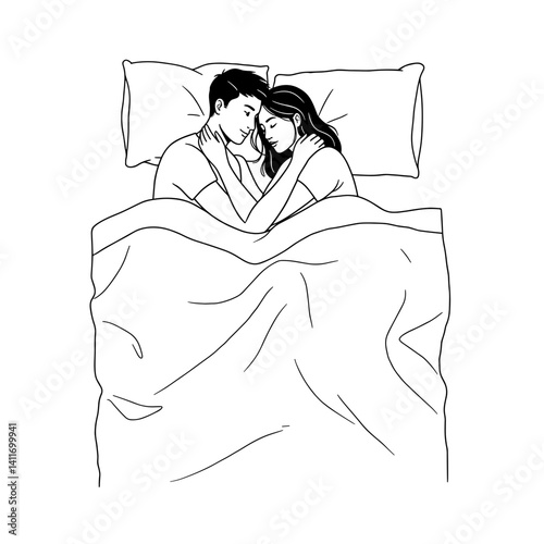 Couple cuddling in bed, showing love and intimacy, against soft linens.  