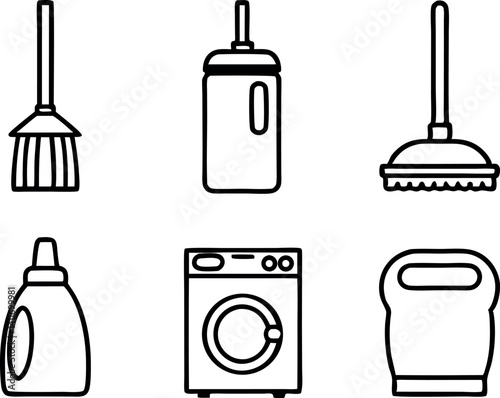Cleaning supplies and tools arranged on a flat surface for household chores and laundry