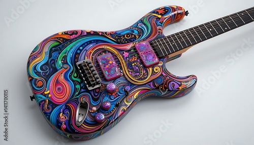 Psychedelic Electric Guitar with Vibrant Colorful Abstract Design and Custom Pickguards photo