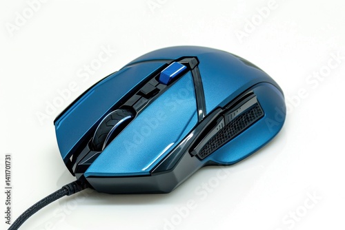 A sleek blue gaming mouse rests on a white surface, showcasing its ergonomic design and precise controls for avid gamers isolated on transparent background