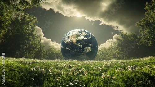 Earth in a Field of Flowers Under Cloudy Sky