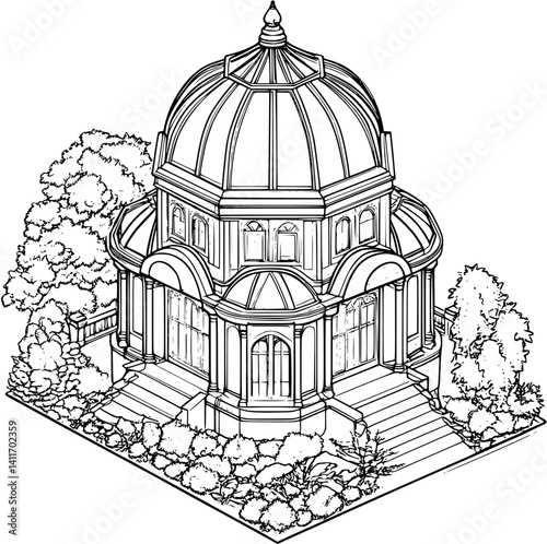 Isometric view of Conservatory coloring book style, Conservatory vector graphic