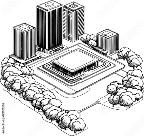 Isometric view of Convention center coloring book style, Convention center vector graphic
