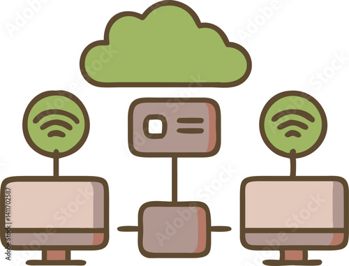 Network connected computers and cloud storage showing data flow and communication digitally