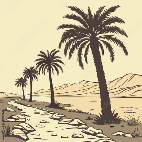 A row of palm tree with western desert