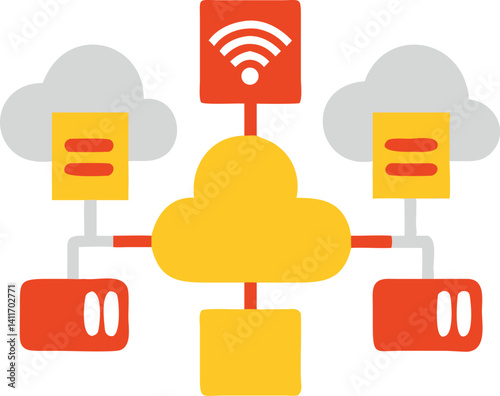 Cloud computing network with data storage and connection symbols