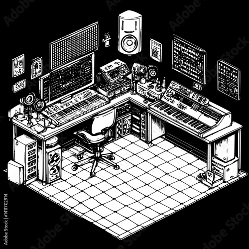 Recording studio coloring book isometric view, Recording studio vector graphic