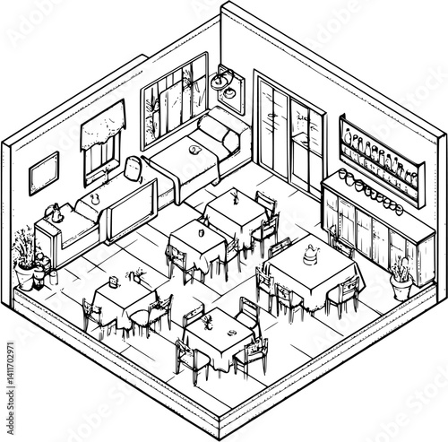 Restaurant coloring book isometric view, Restaurant vector graphic
