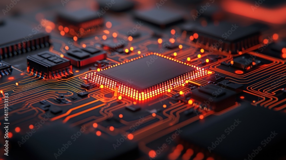 Fototapeta premium Illuminated CPU on circuit board; glowing components; technological background