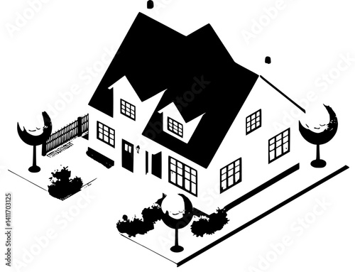 Single-family detached house coloring book isometric view, Single-family detached house vector graphic