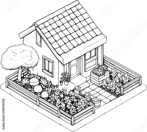 Tiny house coloring book isometric view, Tiny house vector graphic