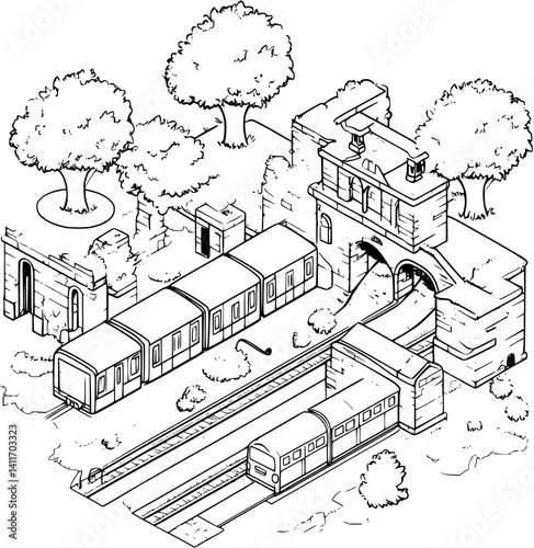 Subway station coloring book isometric view, Subway station vector graphic