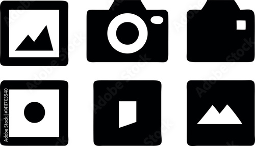Iconic symbols representing photography and visual media in a simple design format