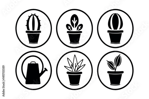 Variety of plant icons featuring cacti and watering can on a simple background