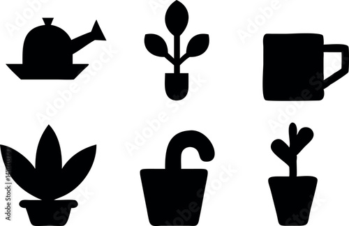 Various silhouettes of plants and gardening tools for a decorative design theme