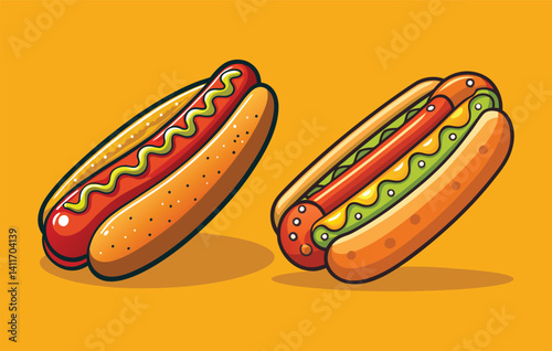 hot dog vector illustration, hot dog with mustard, hot dog illustration