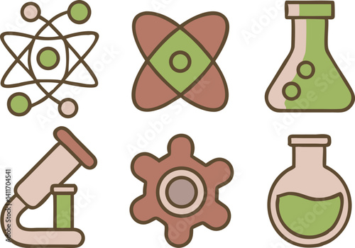 Scientific icons representing chemistry, biology, and physics in a simple design