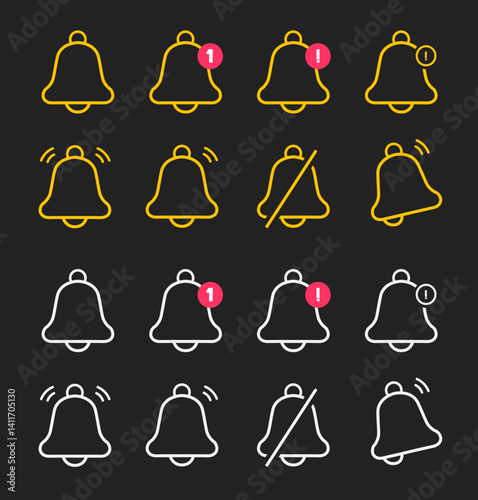 Notification Ring Bell Set Icon for Social Media Reminders, Subscription Notices, Inbox Messages, Subscription Alerts, and Important News Push Notifications. Vecto