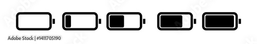 Battery icon set. Batery charge indicator. Battery charging sign and symbol. low to full battery level status indicator.
