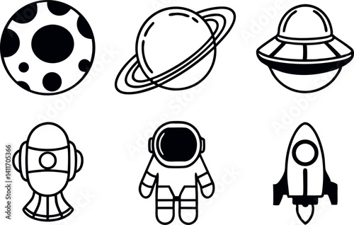 Various celestial icons including planets and an astronaut explored in a minimalist design