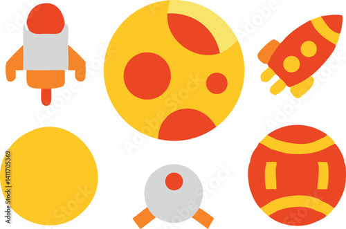 Colorful space-themed illustrations featuring rockets and planets for children's design