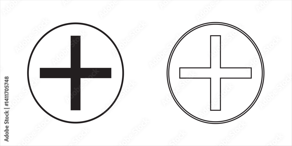 Fototapeta premium Round plus and minus icons set with different thicknesses. Vector.