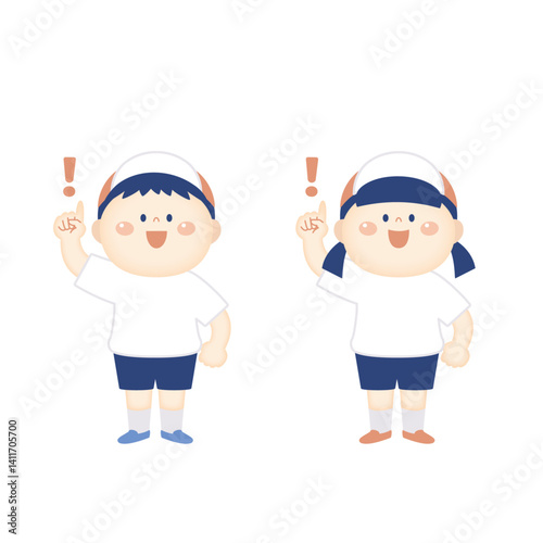 びっくりマークを指さす体操着の子供　全身