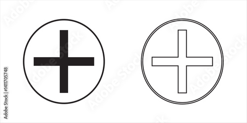 Round plus and minus icons set with different thicknesses. Vector.