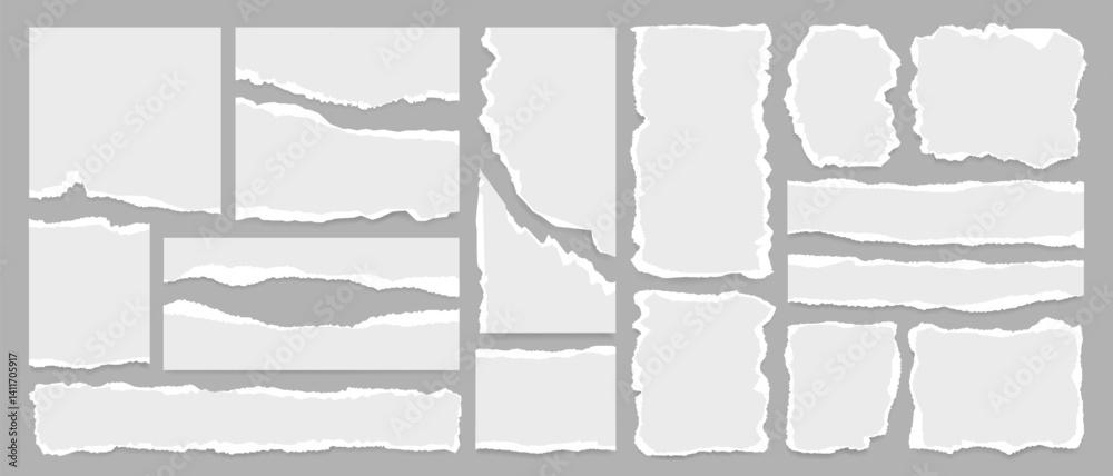 Ripped newspaper strip, white torn paper sheet, grunge notebook page and sticky note in a big set with uneven edge and realistic shadow forming a retro texture background and text message banner. Art.