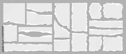 Ripped newspaper strip, white torn paper sheet, grunge notebook page and sticky note in a big set with uneven edge and realistic shadow forming a retro texture background and text message banner. Art.