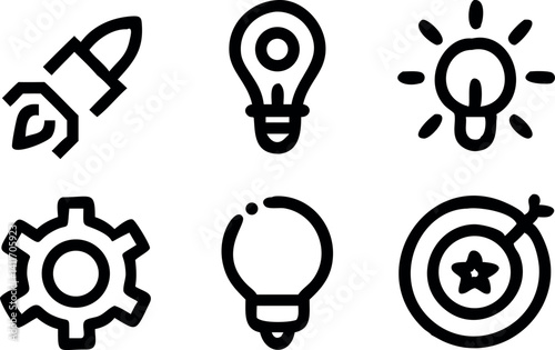 Icons representing innovation, technology, and creativity in a minimalistic design