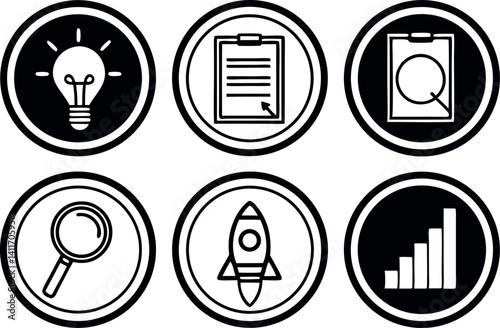 Various icons representing innovation, research, and growth in a cohesive design