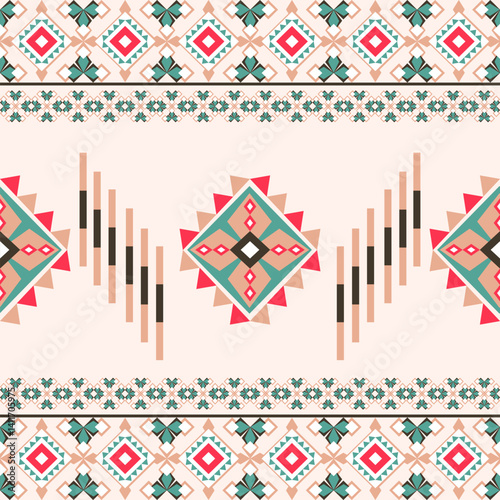 Red and green ethnic boho seamless pattern. Tribal pattern. Folk motif. Navajo style and geometric ethnic pattern. Ideas for curtains, blankets, textiles, and elaborate borders.
