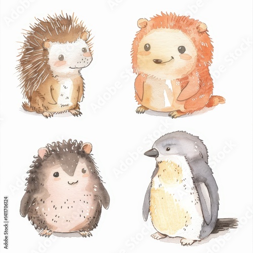 Wallpaper Mural a set of 4 animals in Japanese hand-drawn style, including a hedgehog, a shiba inu, a capybara, and a penguin, watercolor pencil look Torontodigital.ca