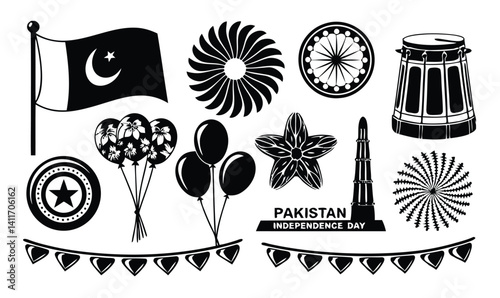 "Pakistan Independence Day Vector Icons | 14 August Celebration Silhouettes"