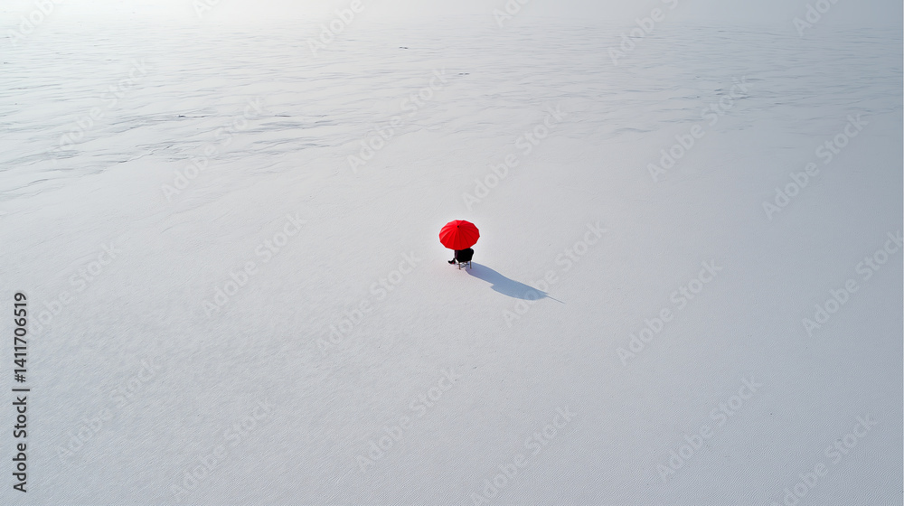 Tiny red umbrella in an endless white snowfield Tiny red umbrella in an endless white snowfield