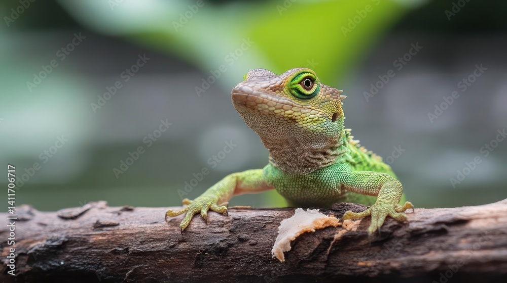 A green lizard perched on a weathered branch, showcases its textured skin. Its gaze is directed upwards against a blurred backdrop of lush greenery and muted gray tones, creating a natural wildlife A green lizard perched on a weathered branch, showcases its textured skin. Its gaze is directed upwards against a blurred backdrop of lush greenery and muted gray tones, creating a natural wildlife