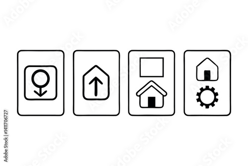Symbols representing navigation, home, and settings for user interface design