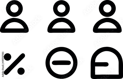 Simple black icons representing users, percentage, minus, and a shield