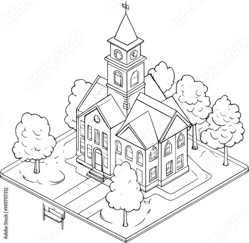 Isometric view of School coloring book style, School vector image