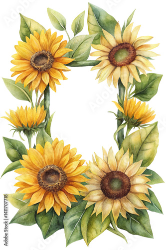 Wallpaper Mural Watercolor Sunflower Frame, Vibrant Yellow Petals and Lush Green Foliage Illustration Torontodigital.ca