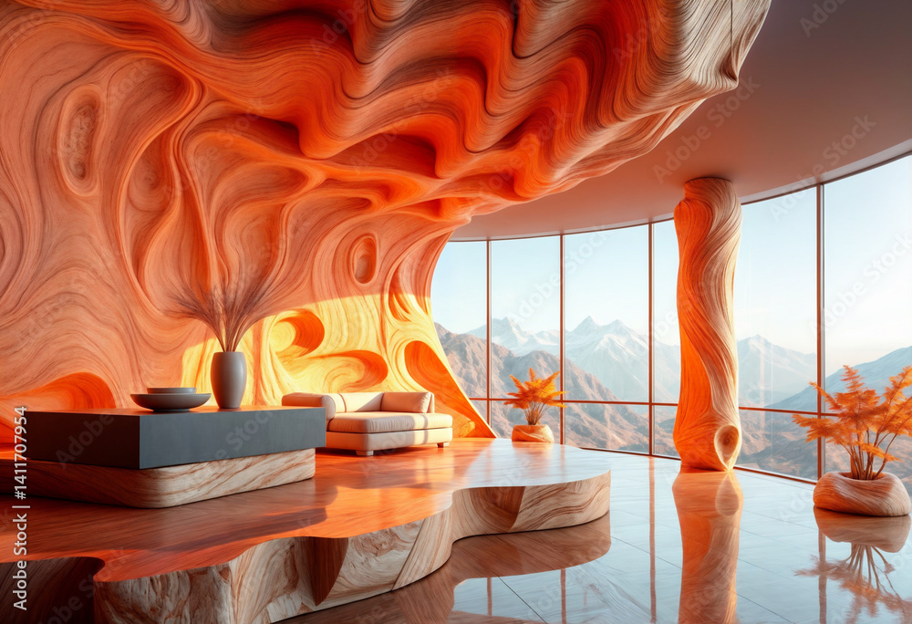 Organic Modern Interior with Flowing Wooden Architecture and Mountain View