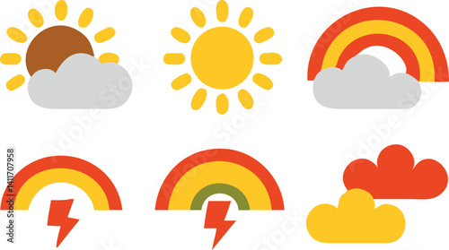 Bright weather icons showcase sun, clouds, and rainbows in various designs