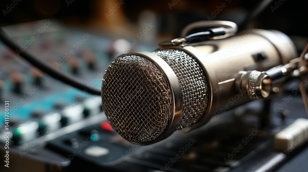 Close‑up of professional cardioid condenser microphone on boom arm in cozy home podcast studio with warm ambient lighting and blurred headphones, illustrating modern digital broadcasting
