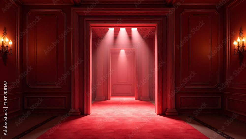 Fototapeta premium Grand Prom Night Entrance: Bold Architecture, Dramatic Lighting & Refined Decor for Unforgettable Arrival Experience - Photo Stock Concept with Empty Space