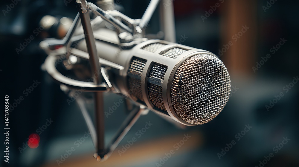 Close‑up of professional cardioid condenser microphone on boom arm in cozy home podcast studio with warm ambient lighting and blurred headphones, illustrating modern digital broadcasting