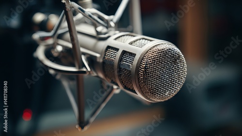 Obraz na płótnie Close‑up of professional cardioid condenser microphone on boom arm in cozy home podcast studio with warm ambient lighting and blurred headphones, illustrating modern digital broadcasting w salonie